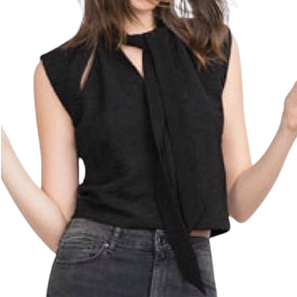 Zara Tie Neck Slit Front Cap Sleeve Cropped Top Black Size Small 5410/234/800